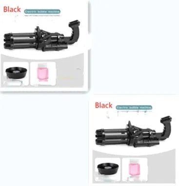 Kids bubble machine gun toy in pink, gold, or black colours with battery compartment and bubble solution