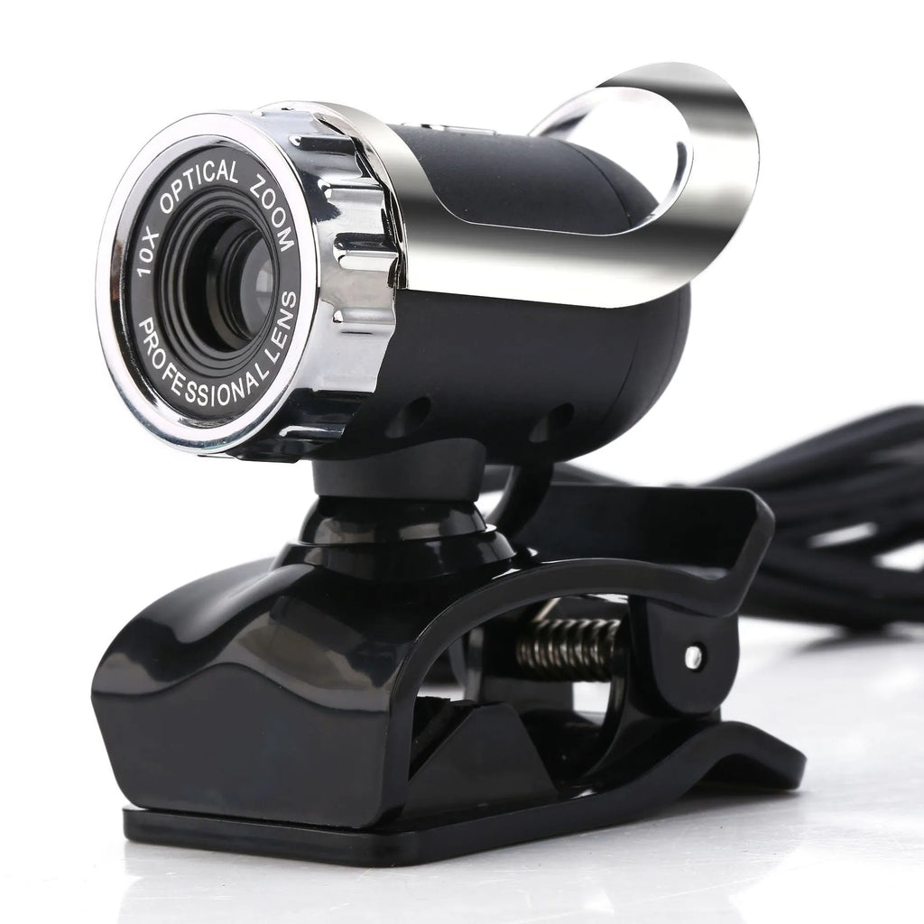 Black notebook HD USB computer camera with manual focus lens and built-in microphone on a monitor