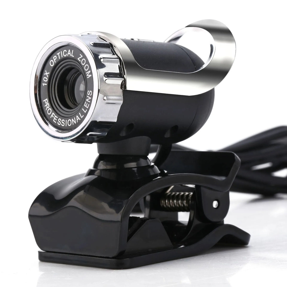 Black notebook HD USB computer camera with manual focus lens and built-in microphone on a monitor