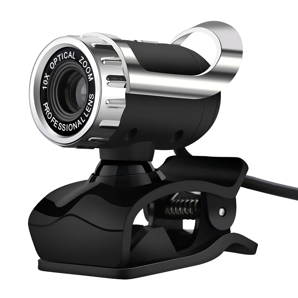 Black notebook HD USB computer camera with manual focus lens and built-in microphone on a monitor