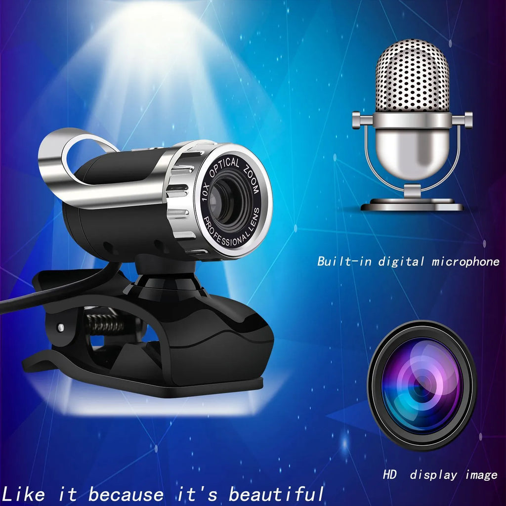 Black notebook HD USB computer camera with manual focus lens and built-in microphone on a monitor