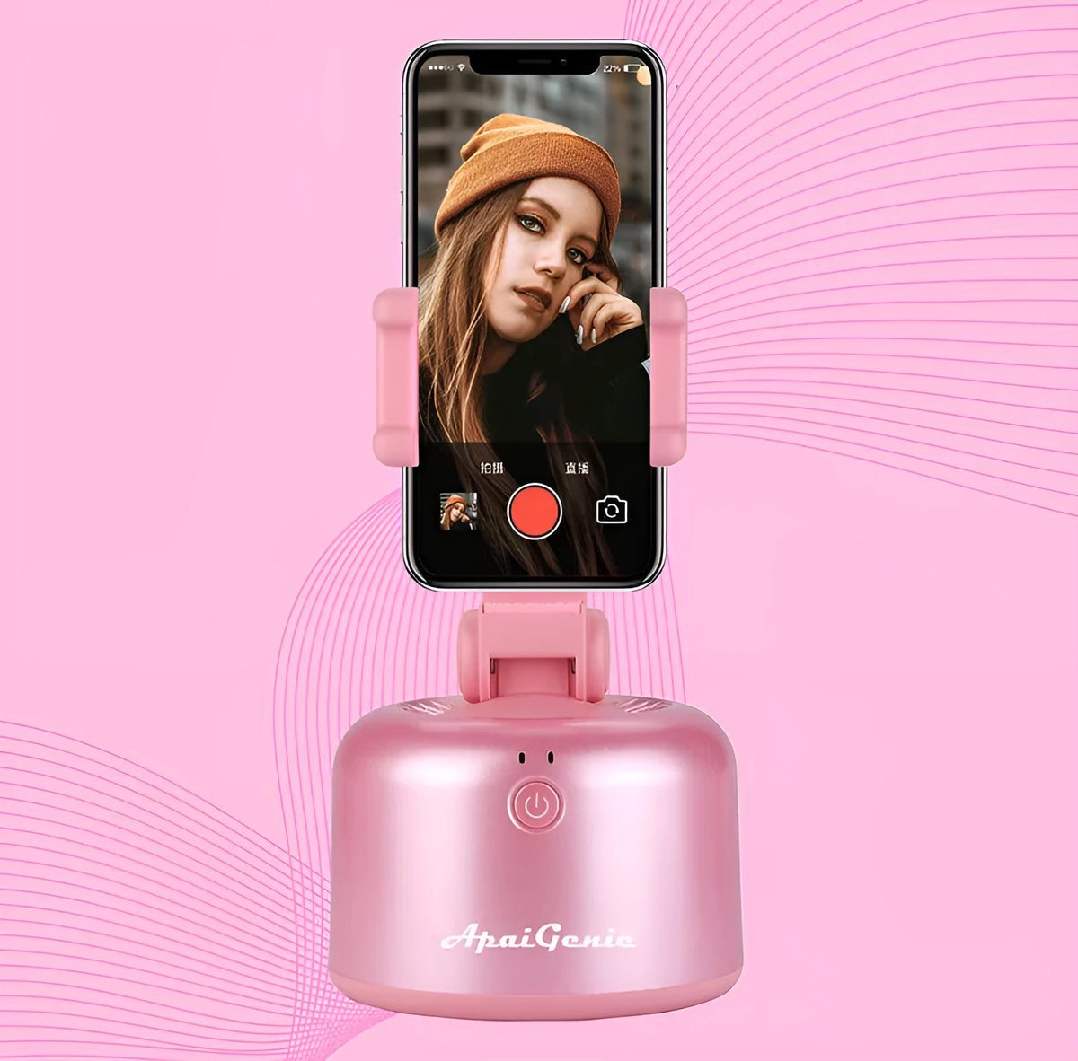 360 Smart Follow-Up PTZ AI Genie 2 mobile phone stabilizer in black with smartphone attached and live streaming interface