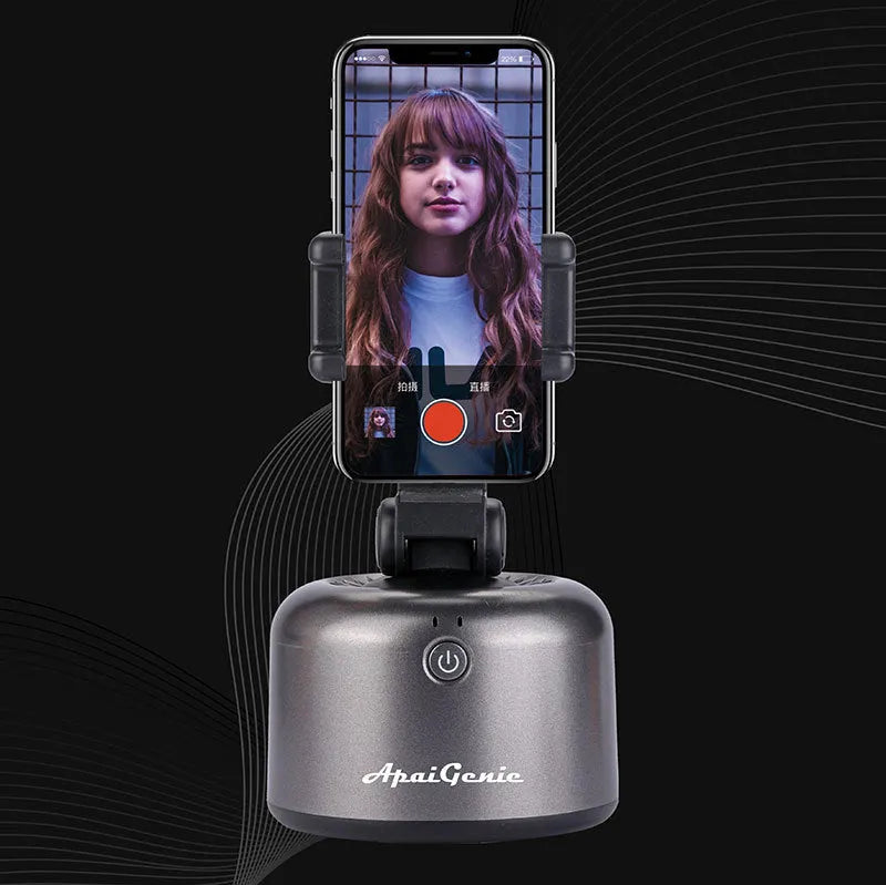 360 Smart Follow-Up PTZ AI Genie 2 mobile phone stabilizer in black with smartphone attached and live streaming interface
