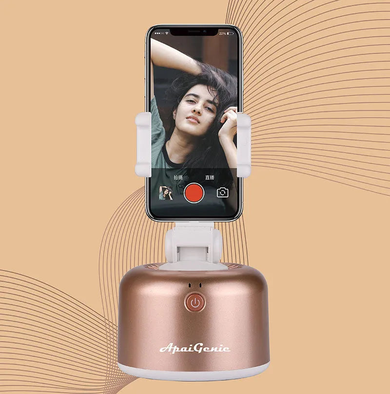 360 Smart Follow-Up PTZ AI Genie 2 mobile phone stabilizer in black with smartphone attached and live streaming interface