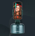 360 Smart Follow-Up PTZ AI Genie 2 mobile phone stabilizer in black with smartphone attached and live streaming interface