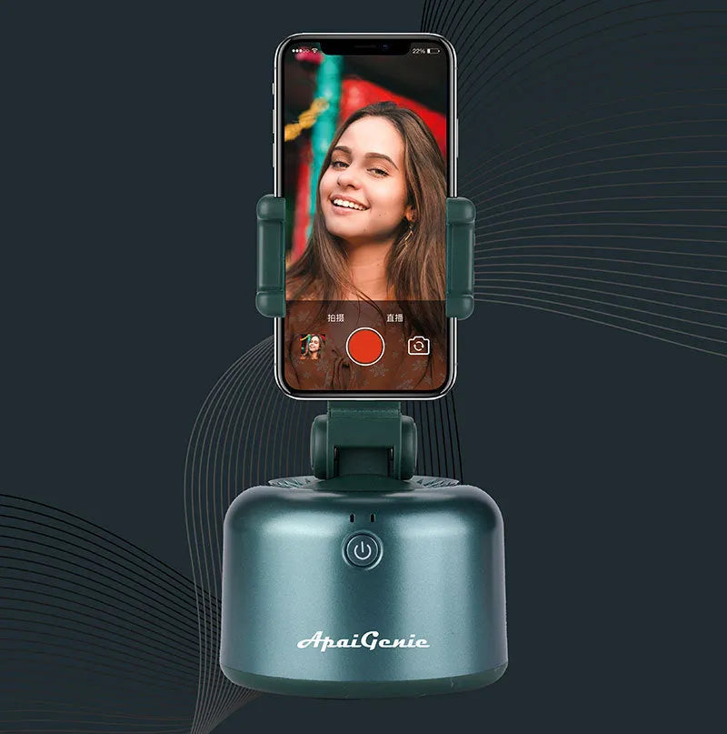 360 Smart Follow-Up PTZ AI Genie 2 mobile phone stabilizer in black with smartphone attached and live streaming interface