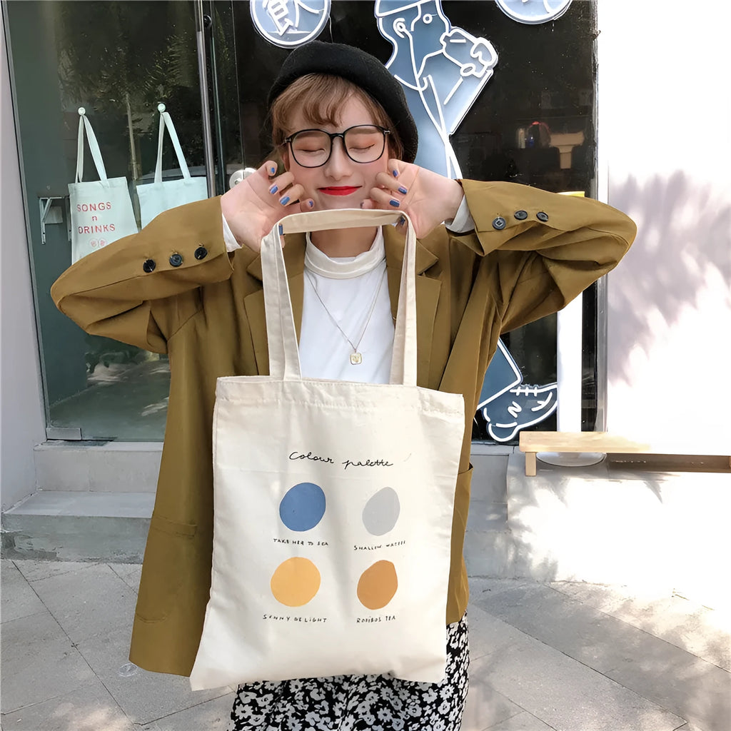 Women's canvas tote bag with geometric pattern print and double soft handles