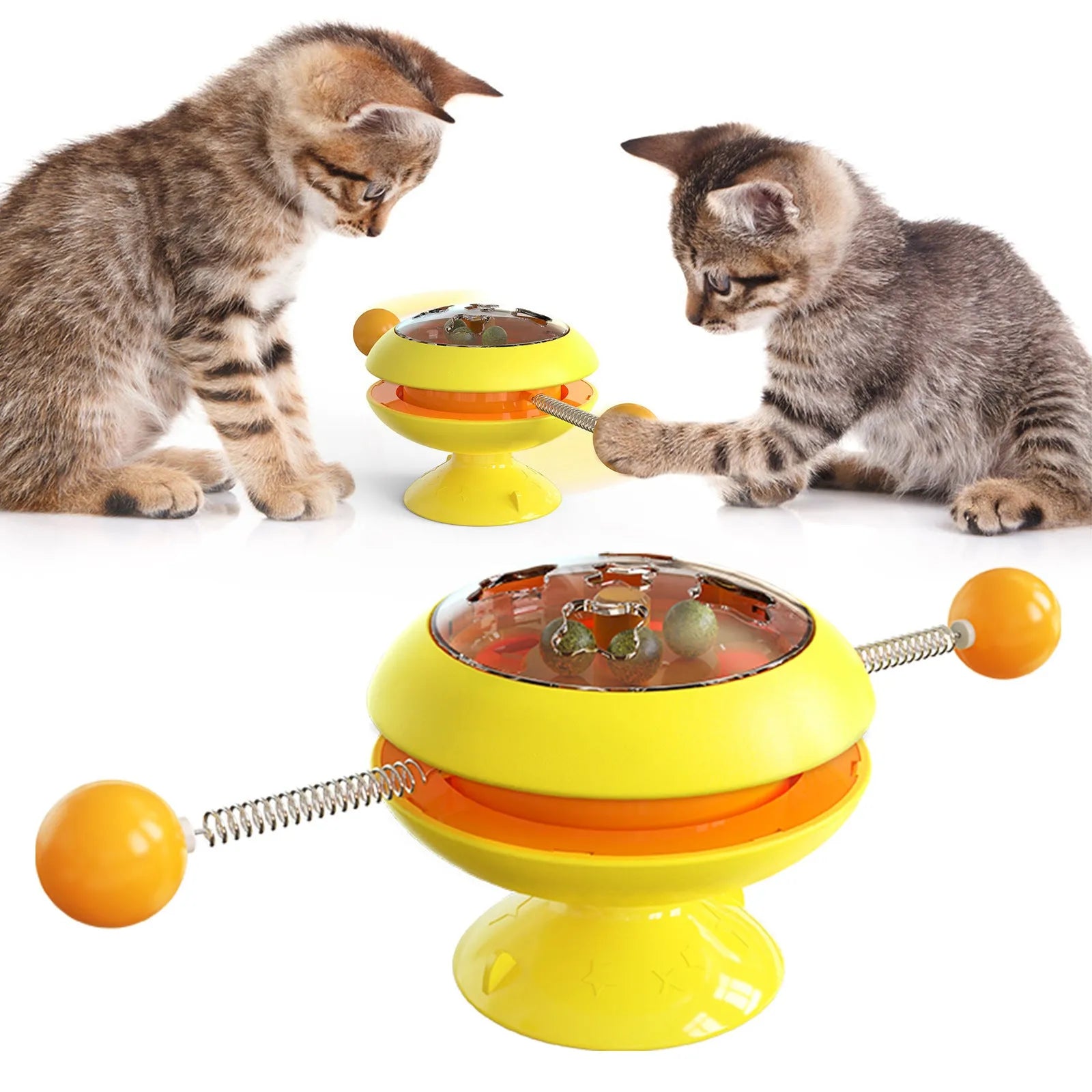 Rotatable suction cup cat toy with transparent top showing three catnip balls, in lake blue colour.