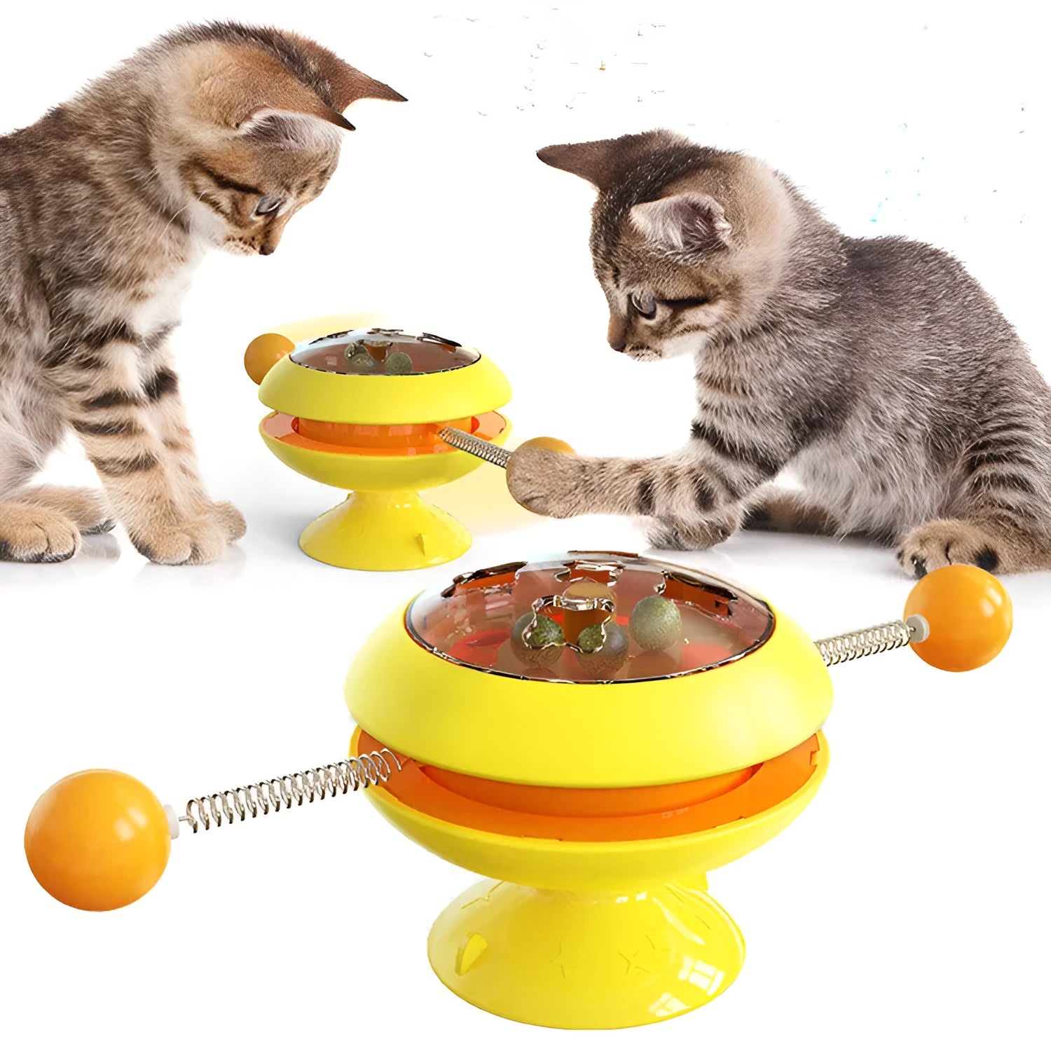 Rotatable suction cup cat toy with transparent top showing three catnip balls, in lake blue colour.