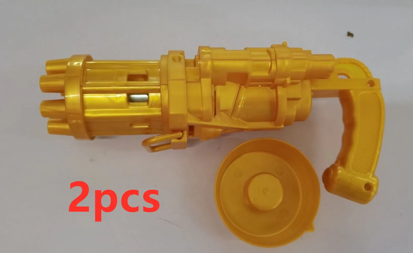 Kids bubble machine gun toy in pink, gold, or black colours with battery compartment and bubble solution