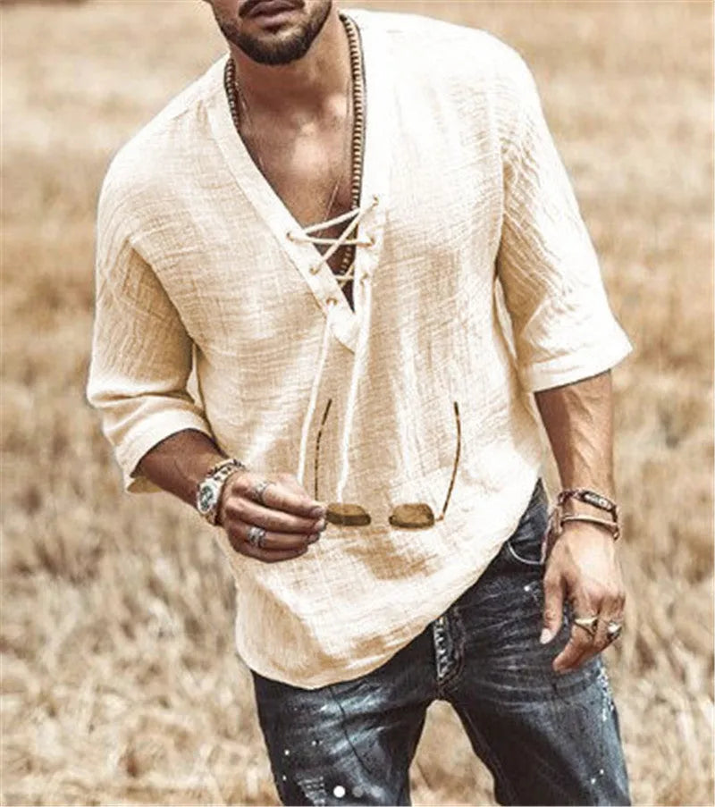 Men's V-neck T-shirt with chest straps and eyelets, loose fit, plain pattern, available in apricot, black, grey, white.