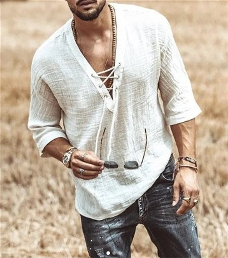 Men's V-neck T-shirt with chest straps and eyelets, loose fit, plain pattern, available in apricot, black, grey, white.