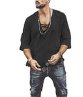 Men's V-neck T-shirt with chest straps and eyelets, loose fit, plain pattern, available in apricot, black, grey, white.