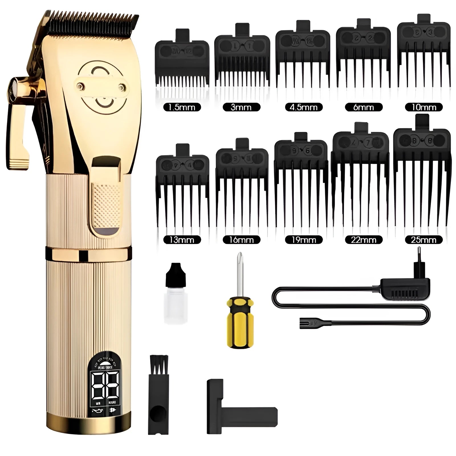 Gold-coloured cordless hair clipper with dual power charging, 25W motor, and US plug