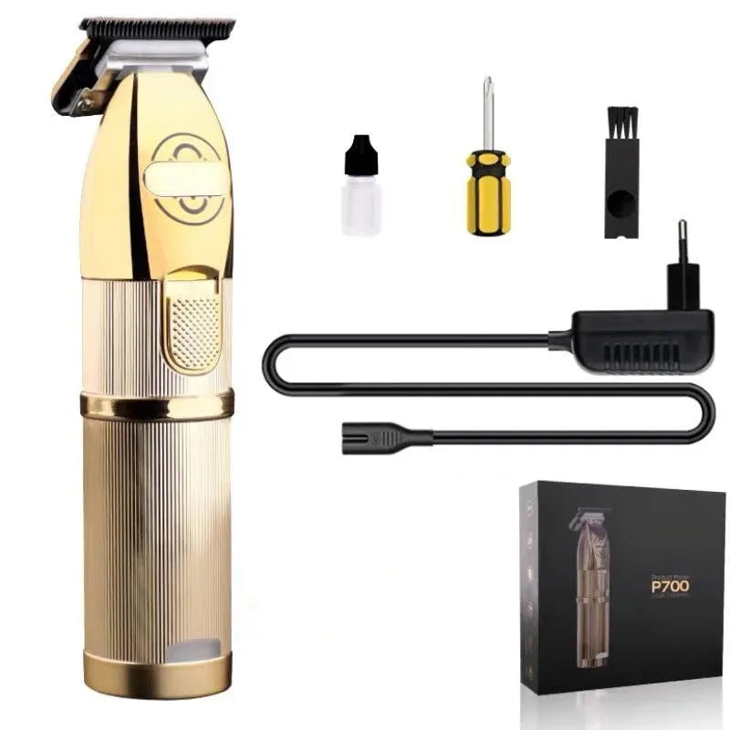 Gold-coloured cordless hair clipper with dual power charging, 25W motor, and US plug