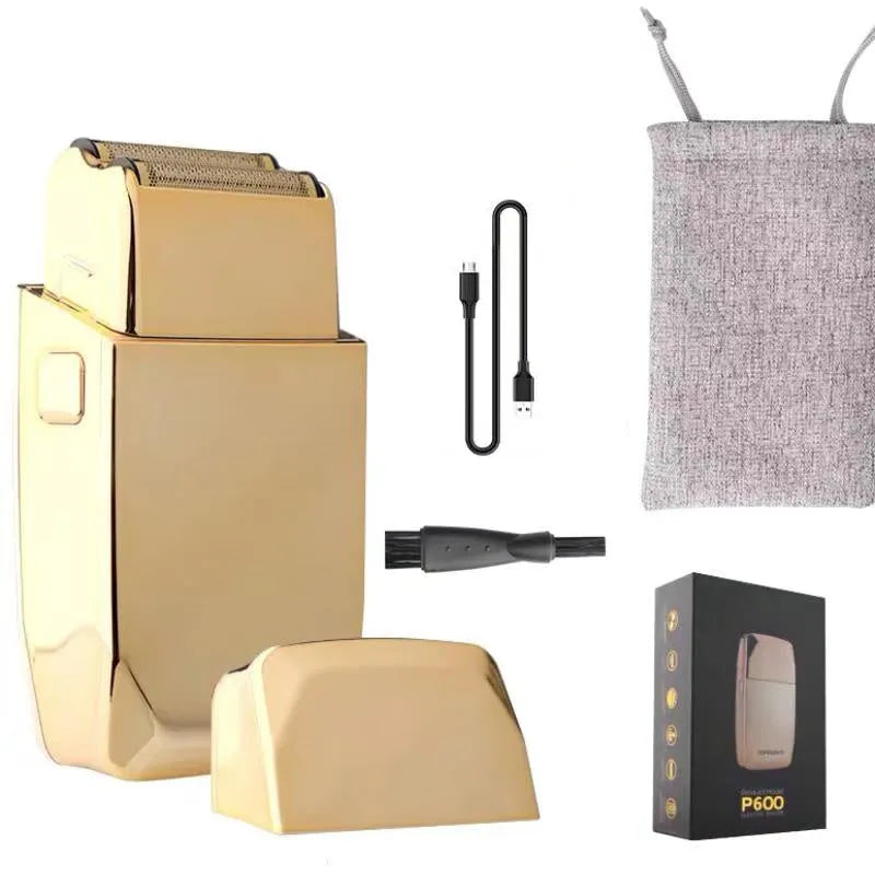 Gold-coloured cordless hair clipper with dual power charging, 25W motor, and US plug