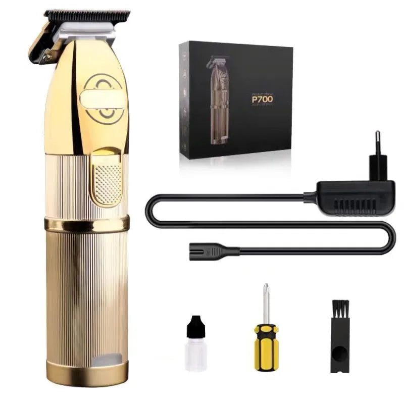 Gold-coloured cordless hair clipper with dual power charging, 25W motor, and US plug