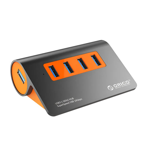 Dark grey and orange aluminium USB 3.1 laptop hub with four ports and 100cm cable