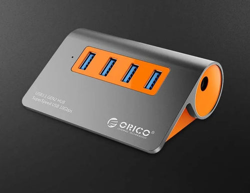 Dark grey and orange aluminium USB 3.1 laptop hub with four ports and 100cm cable