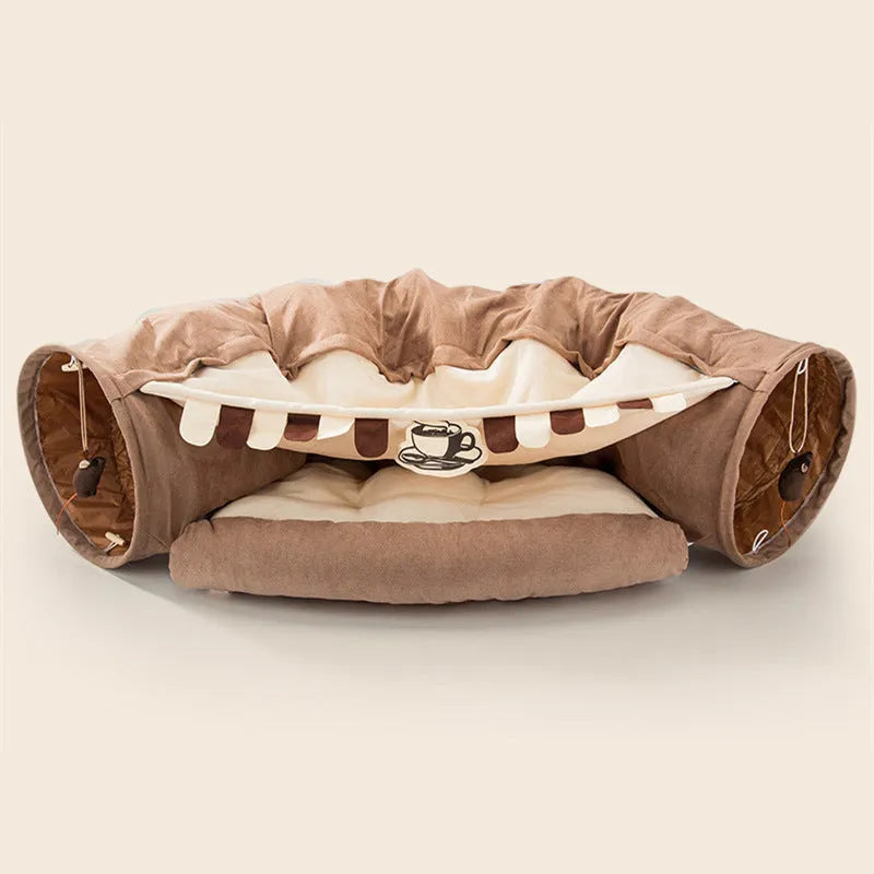 Collapsible cloth cat tunnel in four colour options showing 45cm by 50cm dimensions