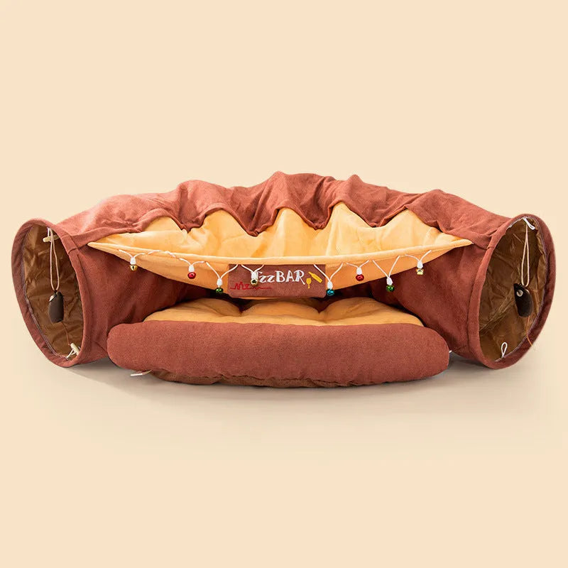 Collapsible cloth cat tunnel in four colour options showing 45cm by 50cm dimensions