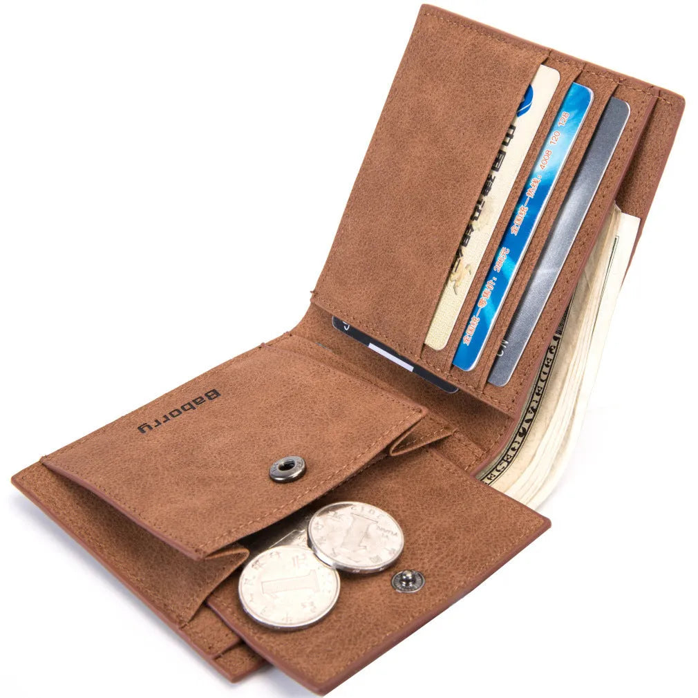 RFID mens wallet with zipper coin bag in PU leather, black or coffee colour, two-fold small mini design
