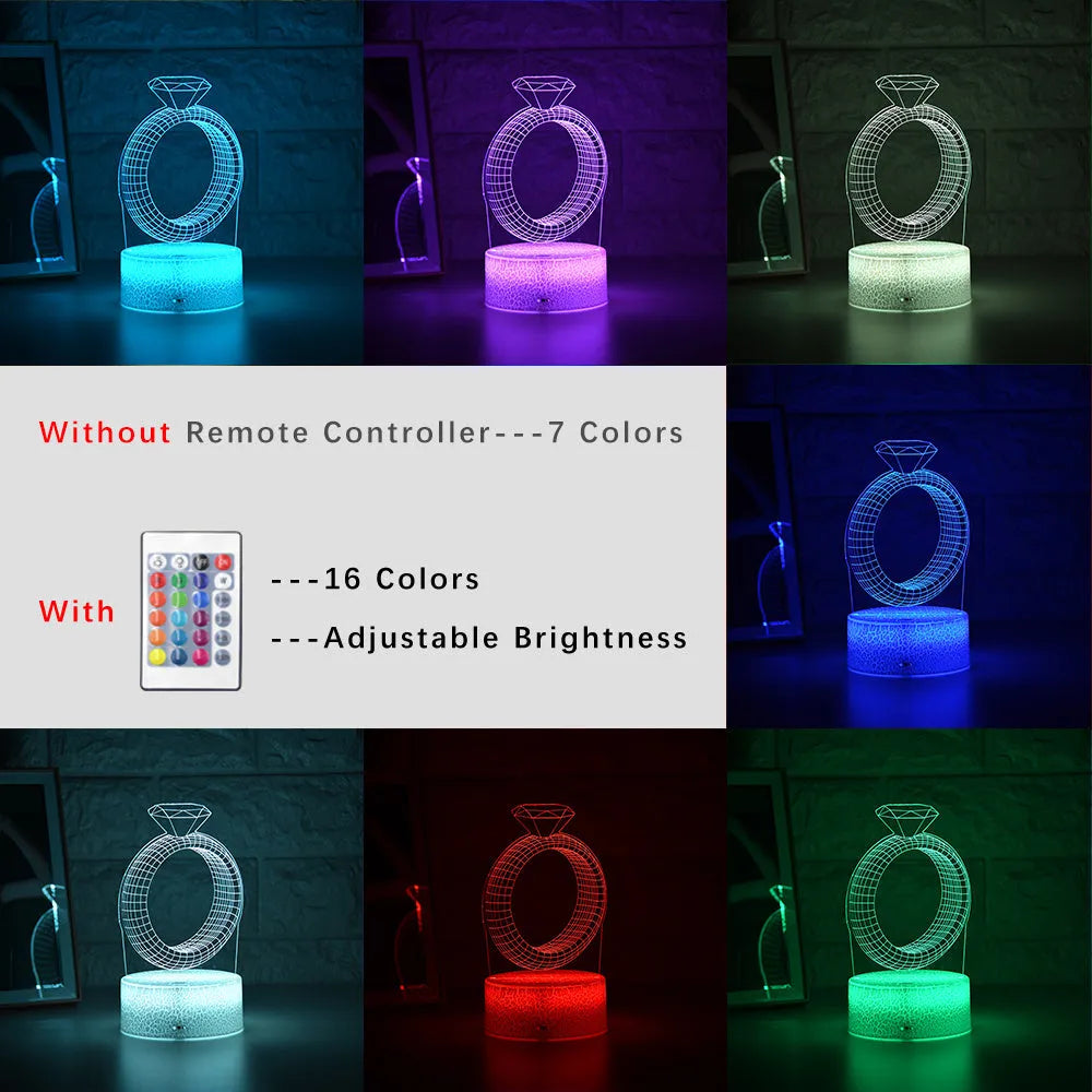 3D diamond ring design LED night light with colour-changing light on black background.