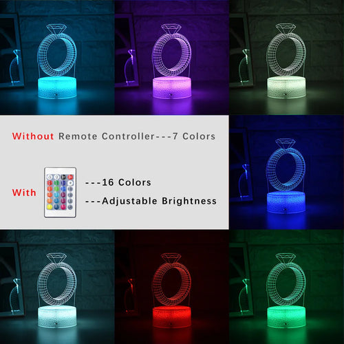 3D diamond ring design LED night light with colour-changing light on black background.