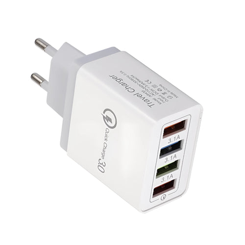 Four-port USB wall charger plug in multiple colours with European or British plug options
