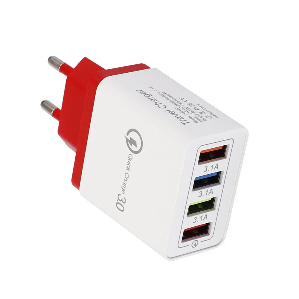 Four-port USB wall charger plug in multiple colours with European or British plug options