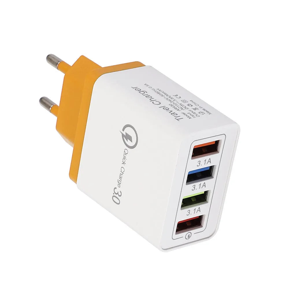 Four-port USB wall charger plug in multiple colours with European or British plug options