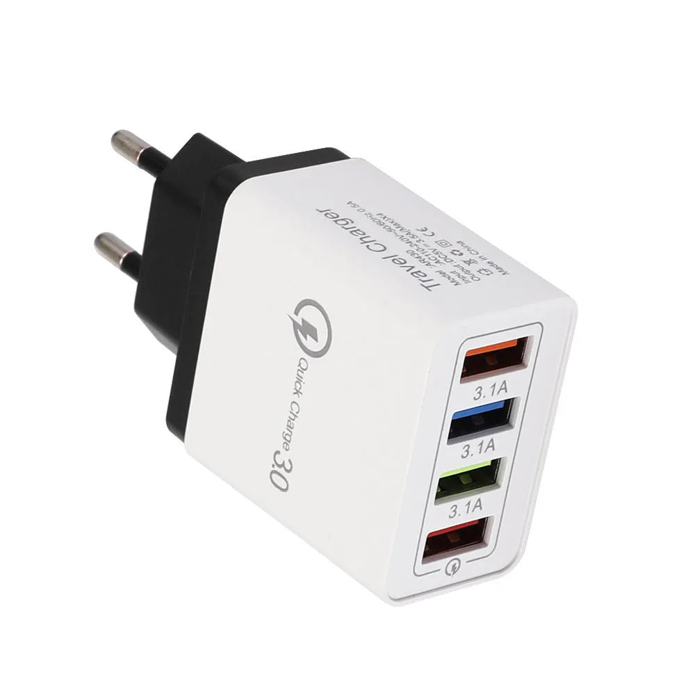 Four-port USB wall charger plug in multiple colours with European or British plug options