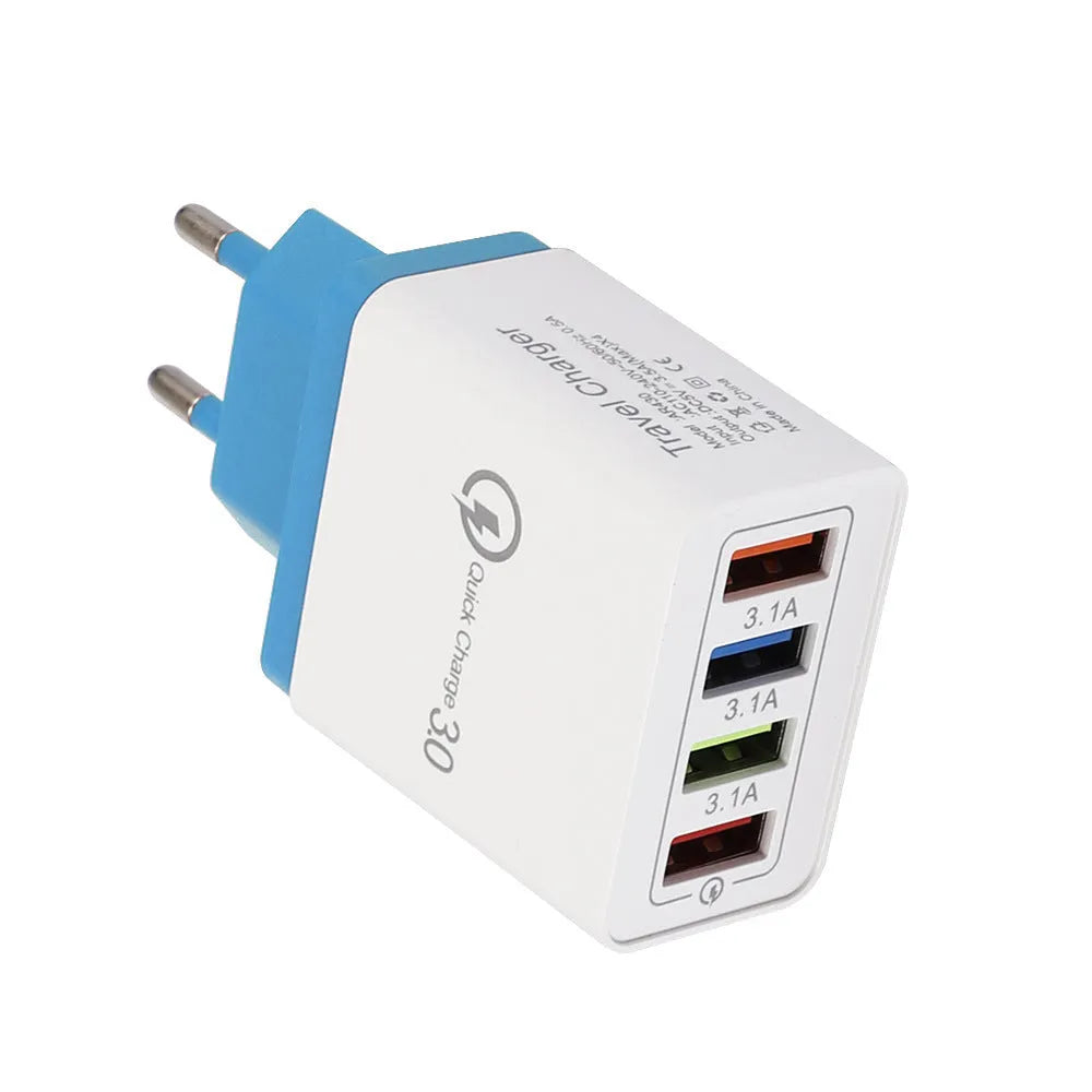 Four-port USB wall charger plug in multiple colours with European or British plug options