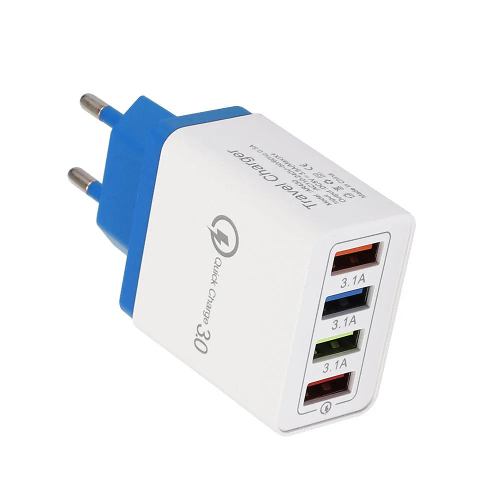 Four-port USB wall charger plug in multiple colours with European or British plug options