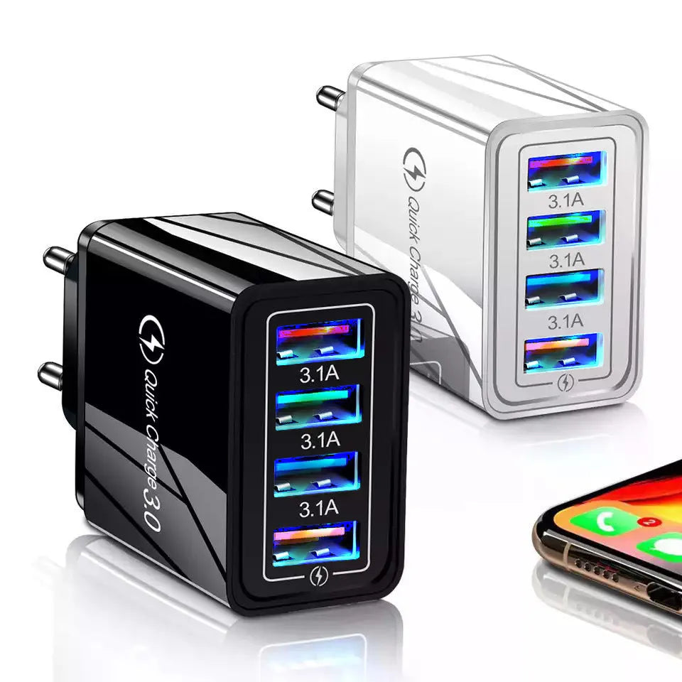 Four-port USB wall charger plug in multiple colours with European or British plug options