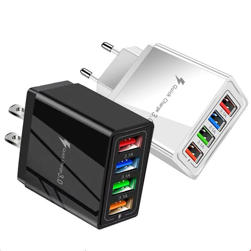 Four-port USB wall charger plug in multiple colours with European or British plug options