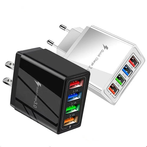 Four-port USB wall charger plug in multiple colours with European or British plug options