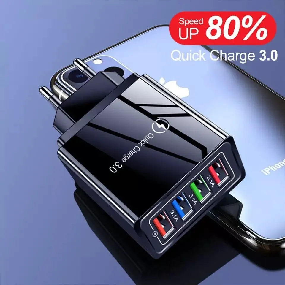 Four-port USB wall charger plug in multiple colours with European or British plug options