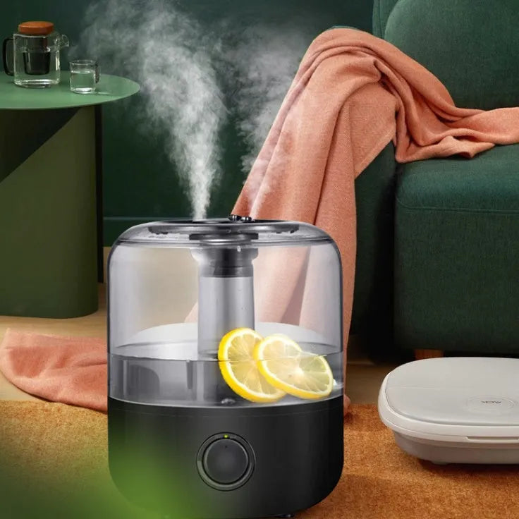 Black or white 3-litre ultrasonic humidifier with mechanical dial control on top.