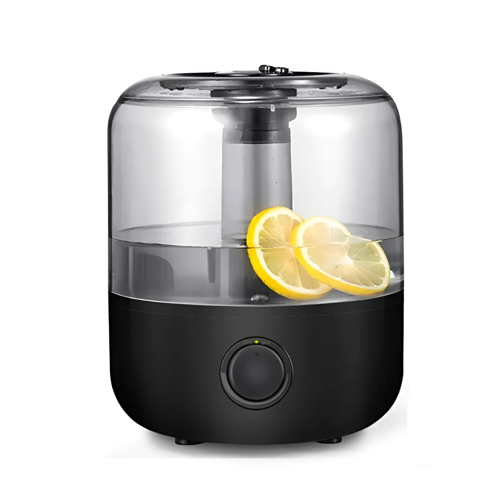 Black or white 3-litre ultrasonic humidifier with mechanical dial control on top.