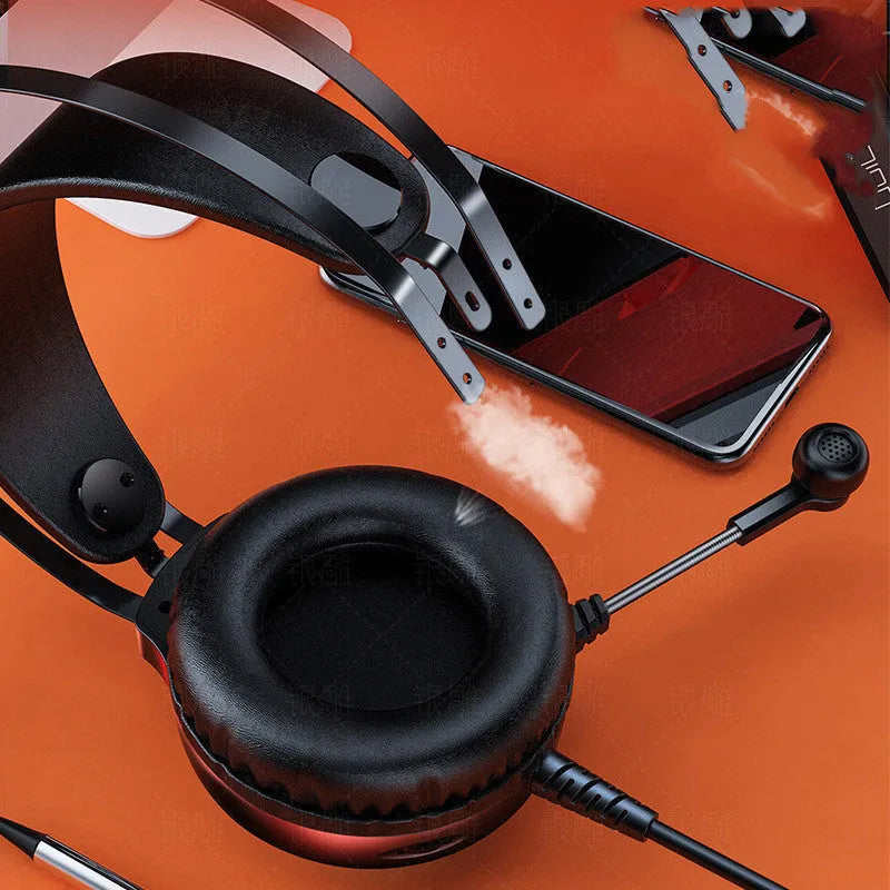 Black wired computer headset with microphone, protein earmuffs, and 3.5mm plug