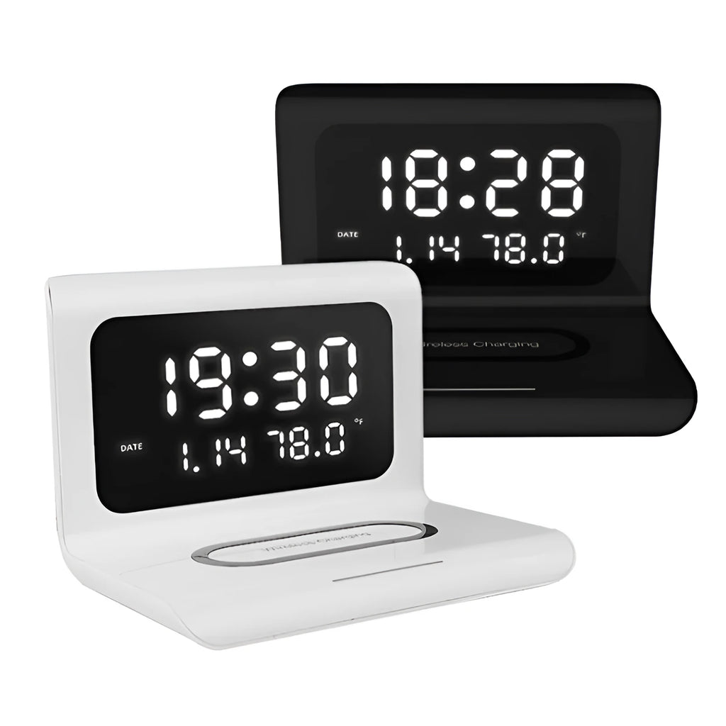 White wireless charging alarm clock showing time, date and temperature on bedside table