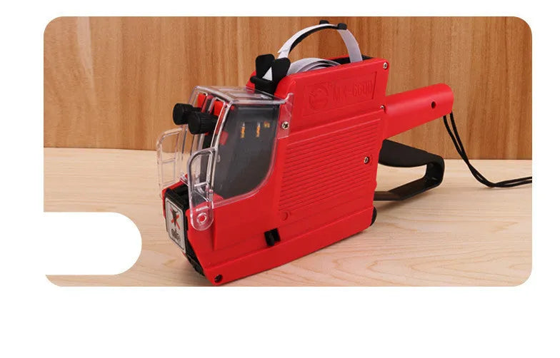 Manual price coding machine with ink roller and paper rolls for supermarket bottle labelling