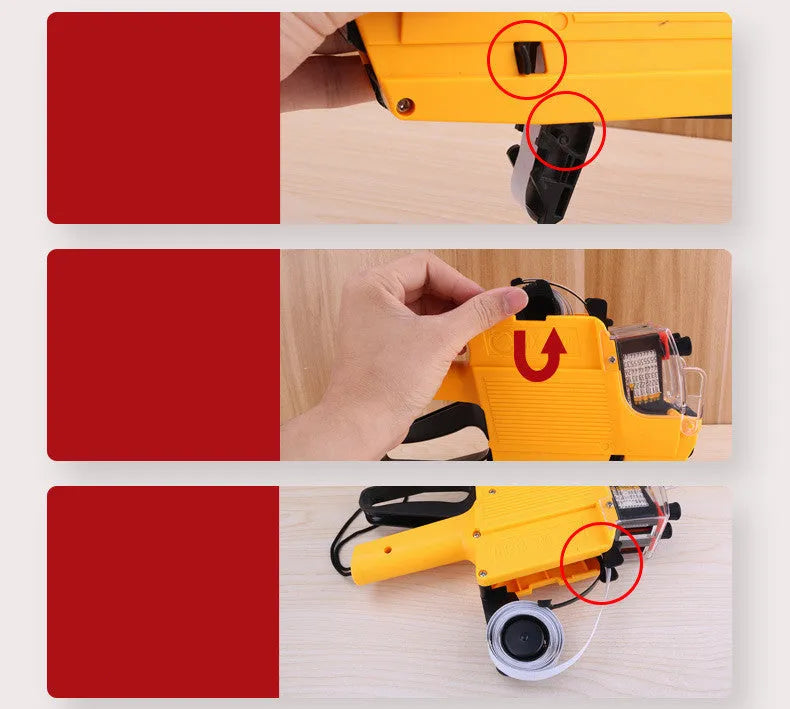 Manual price coding machine with ink roller and paper rolls for supermarket bottle labelling