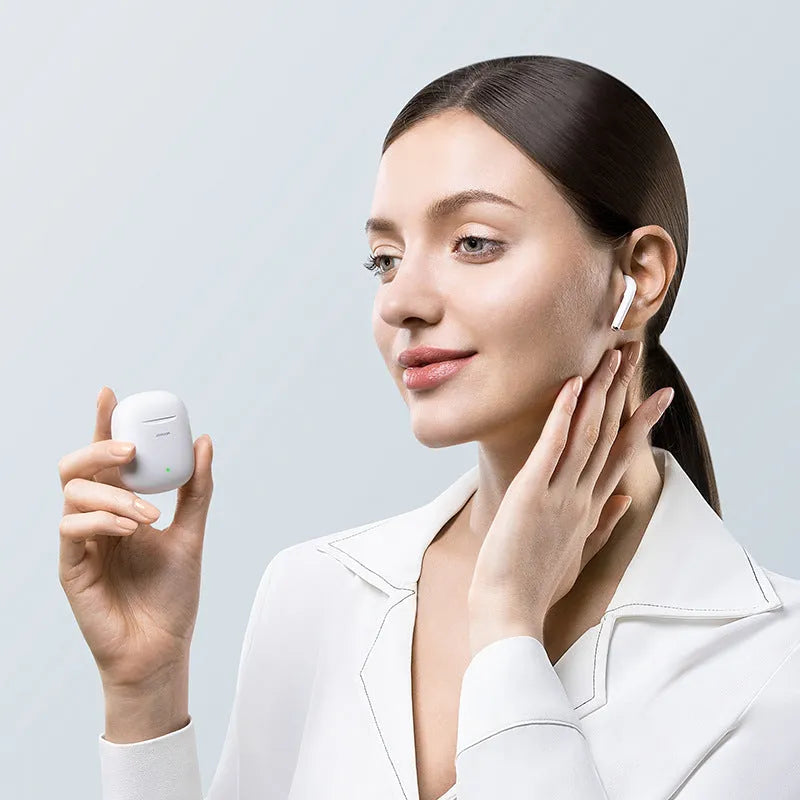 Bilateral in-ear Bluetooth headset in black or white with 10 metre range and stereo sound