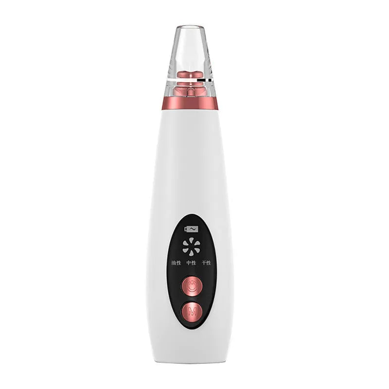 White multi-functional facial beauty instrument with LED colour light, acne needle, blackhead suction and shoveling machine attachments on table