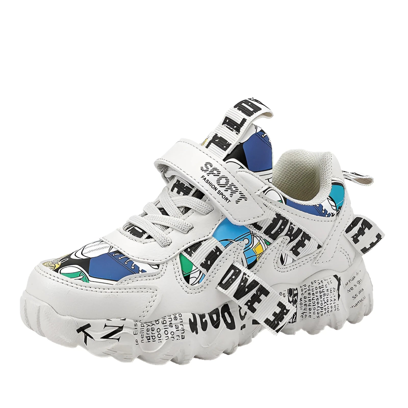 Boys' beige blue and white red Velcro sports sneakers with rubber soles on a white background.