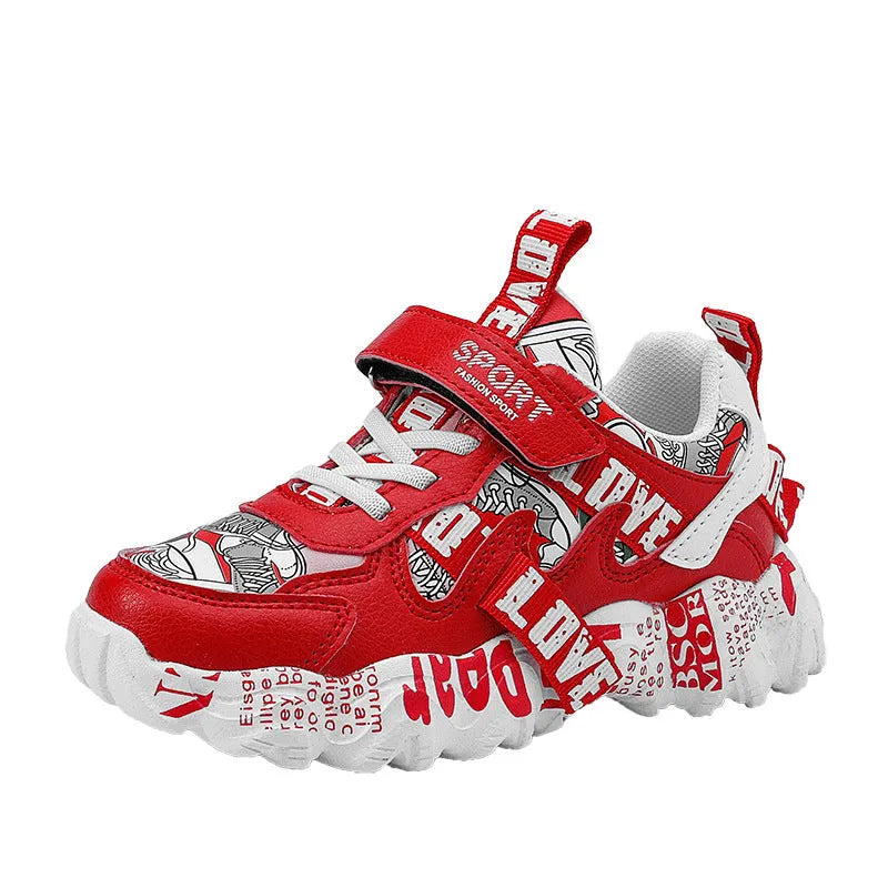 Boys' beige blue and white red Velcro sports sneakers with rubber soles on a white background.
