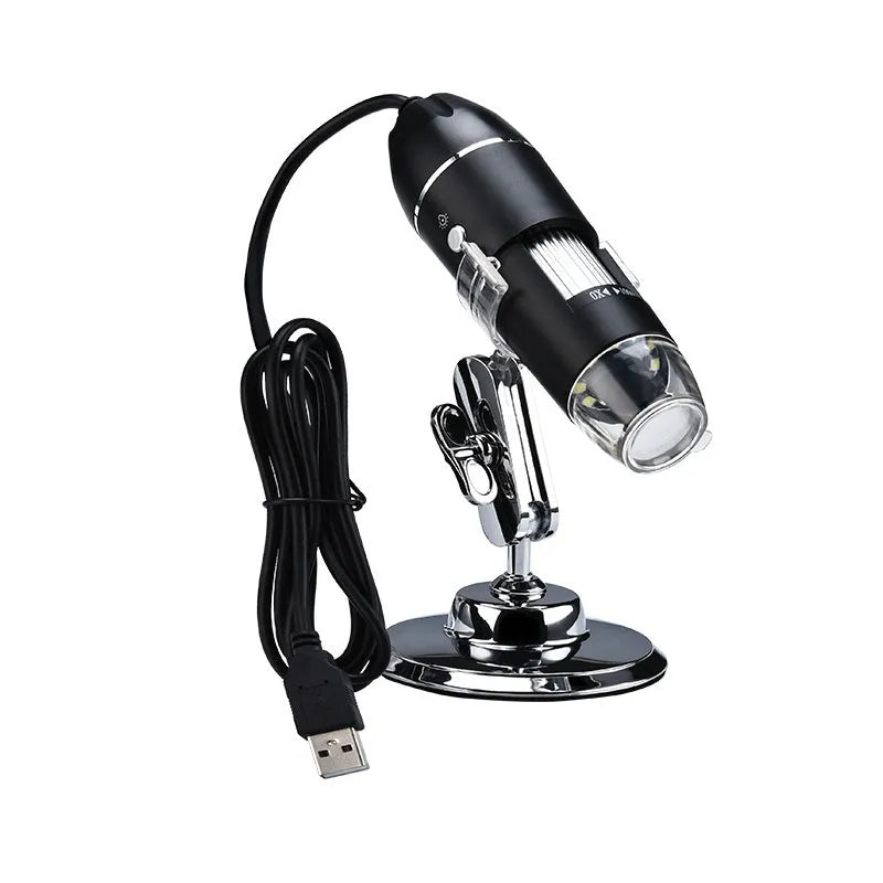Black portable USB digital microscope with 1000x magnification, 0.3MP HD resolution and eight LED lights