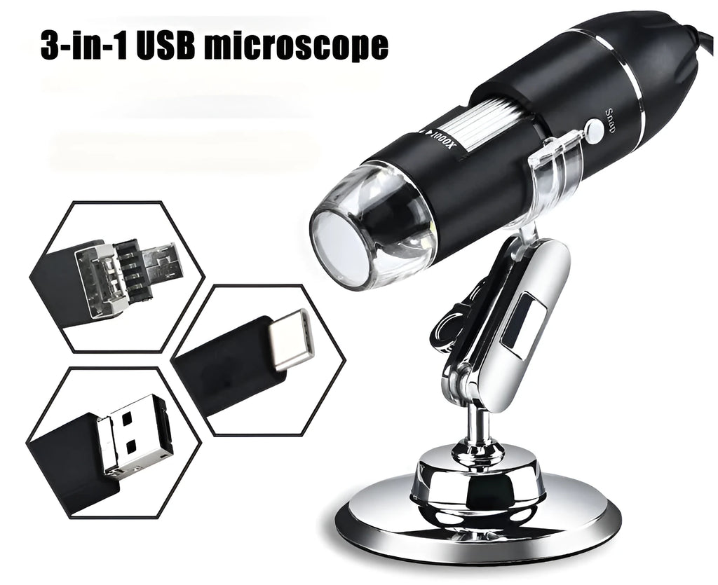 Black portable USB digital microscope with 1000x magnification, 0.3MP HD resolution and eight LED lights